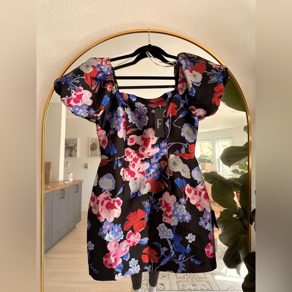 New Lulu's S Mini Cocktail Floral Jacquard Dress w/ Trendy Puff Sleeves